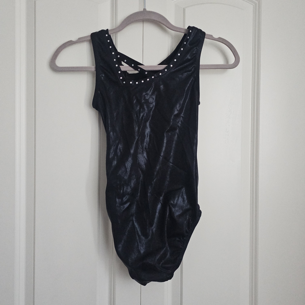 Girls Black Dance Leotard with Rhinestone Accents - Picture 2 of 7
